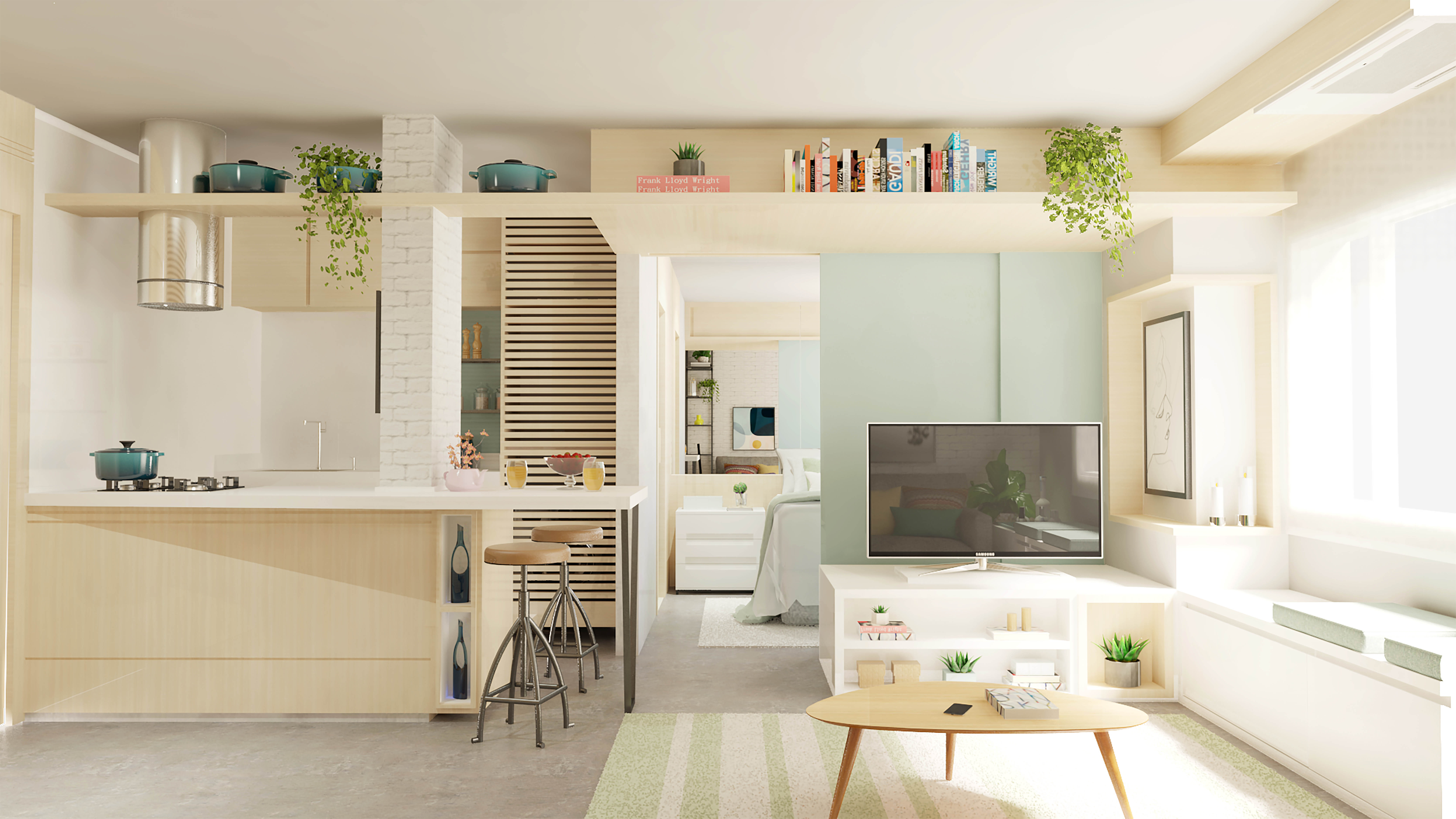 Sala, cozinha e quarto integrados obra Jardins - Projeto